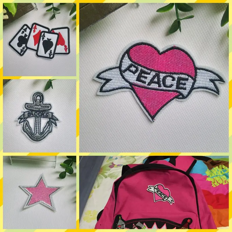 Poker Peace Pink heart star anchor Iron On Cloth Patches 4pcs - Front