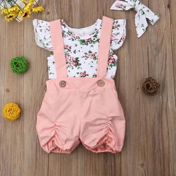 

Kids Girls Rompers Sets Baby Girl Casual Flare Sleeve Flower Print Romper Tops Strap Shorts With Headband Outfits Set