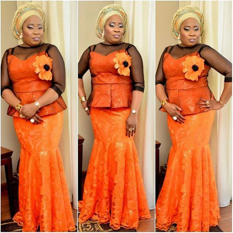 Fashion Orange Nigerian Long Evening Dresses Peplum African Long Dress