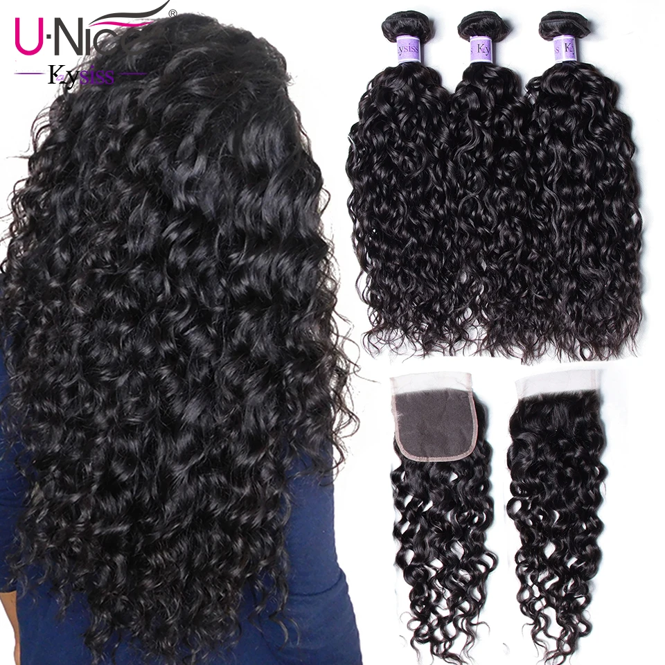 

UNice Hair Kysiss Series Water Wave Brazilian Virgin Hair 3 PCS Bundles with Closure Human Hair Weaving Bundles with Closure