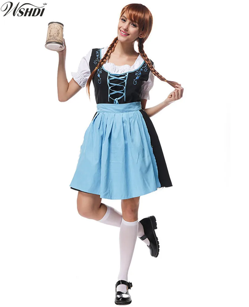 Women Blue Sexy Beer Maid Costume German Oktoberfest Wench Maiden Bavarian Heidi Dirndl Fancy