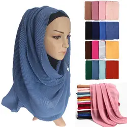 2019 летний женский шарф из хлопка с принтом морщин, мусульманский хиджаб, тюрбан, повязка на голову, однотонные плиссированные шарфы