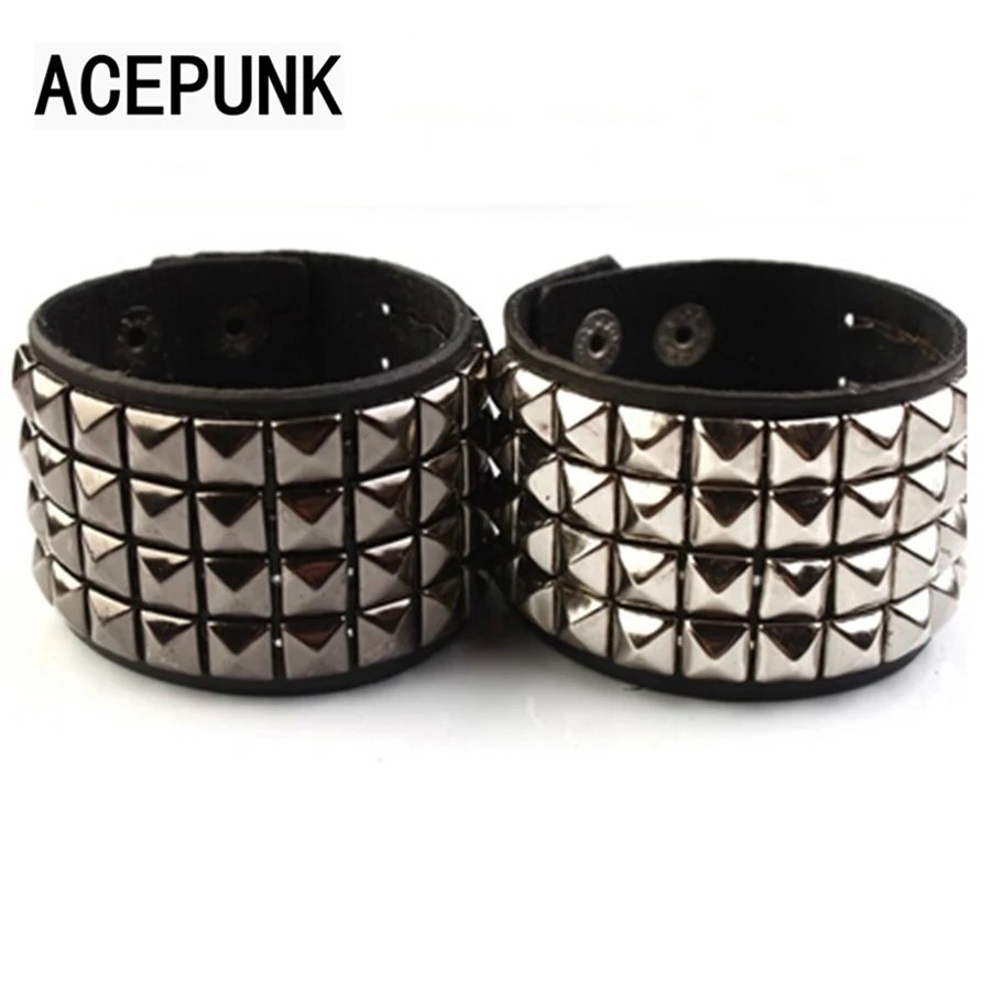 Rivet Wide Bracelet Punk Leather Wristlet Rock 4 Rows Of 9MM Square Nails Wristband Two Buckle Adjustable bracelet jewelry