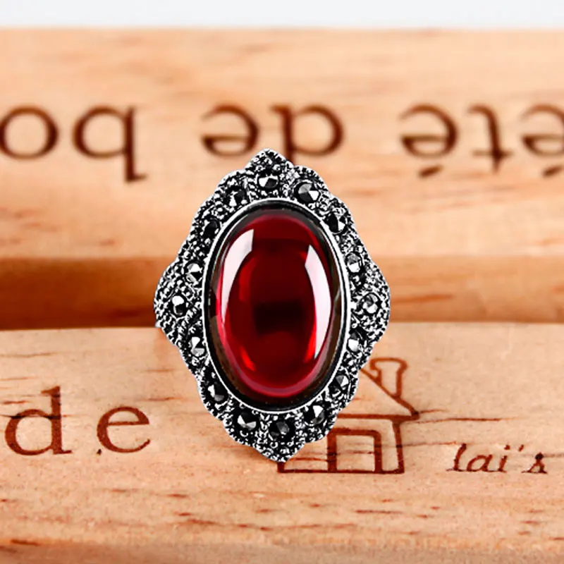 JIASHUNTAI винтажное 925 пробы серебряное красное Гранатовое кольцо для женщин Ретро Большой овальный панк стиль R бижутерия ручной работы индийские ювелирные изделия - Цвет камня: Red