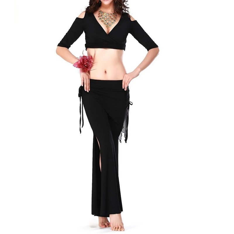 

Belly dance costume sexy short sleeves top+milk silk waist pants 2pcs/suit for belly dancing set(black)