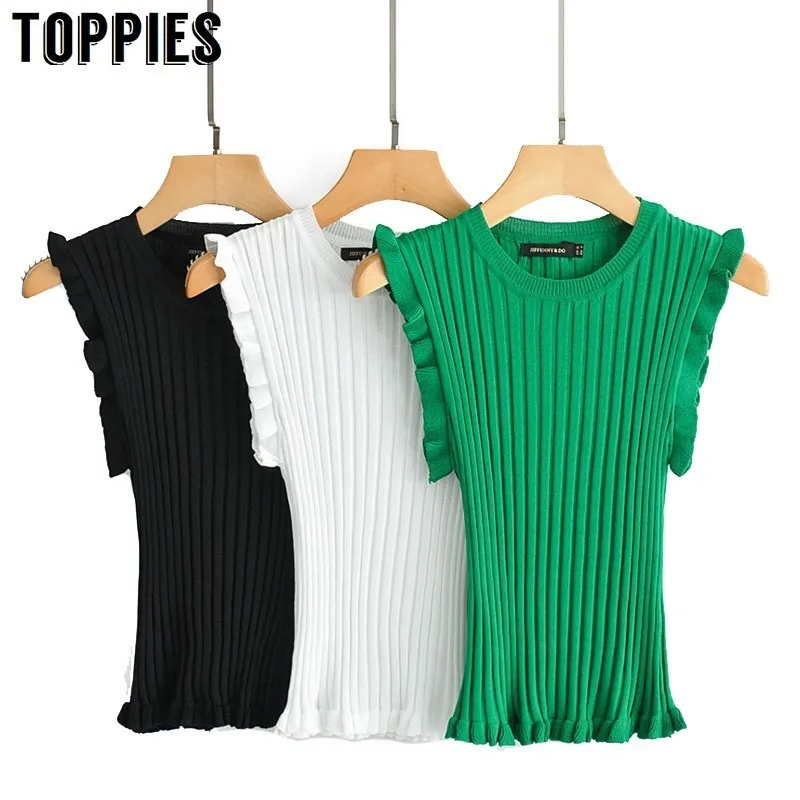 

2019 Black White Green Slim Knitted T-Shirts Lady Ruffles Tops Summer Butterfly Sleeve Short T-Shirts Tees chemise femme