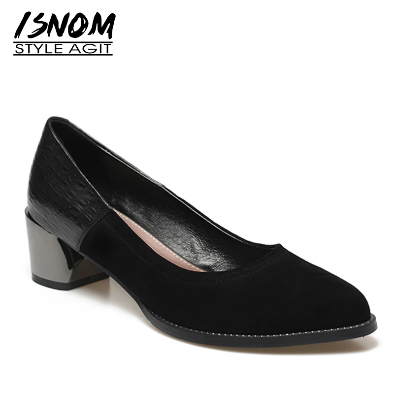 

ISNOM Kid Suede Pumps Women Pointed Toe Footwear Office Thick Heels Shoes Female Shallow Stud Emboss Leather Shoes Woman Spring