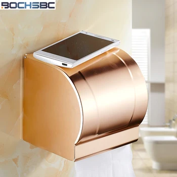 

BOCHSBC Rose Gold Roll Paper Holder European Aluminum Mobile Phone Toilet Paper Box Retro Waterproof Bathroom Sucker Tissue Box