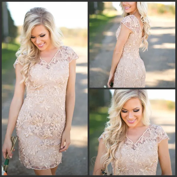Cheap Country Bridesmaid Dresses V Neck Full Lace Short Sleeves Champagne Sheath Wedding Guest Wear Party Dresses Maid of Honor Gowns 105