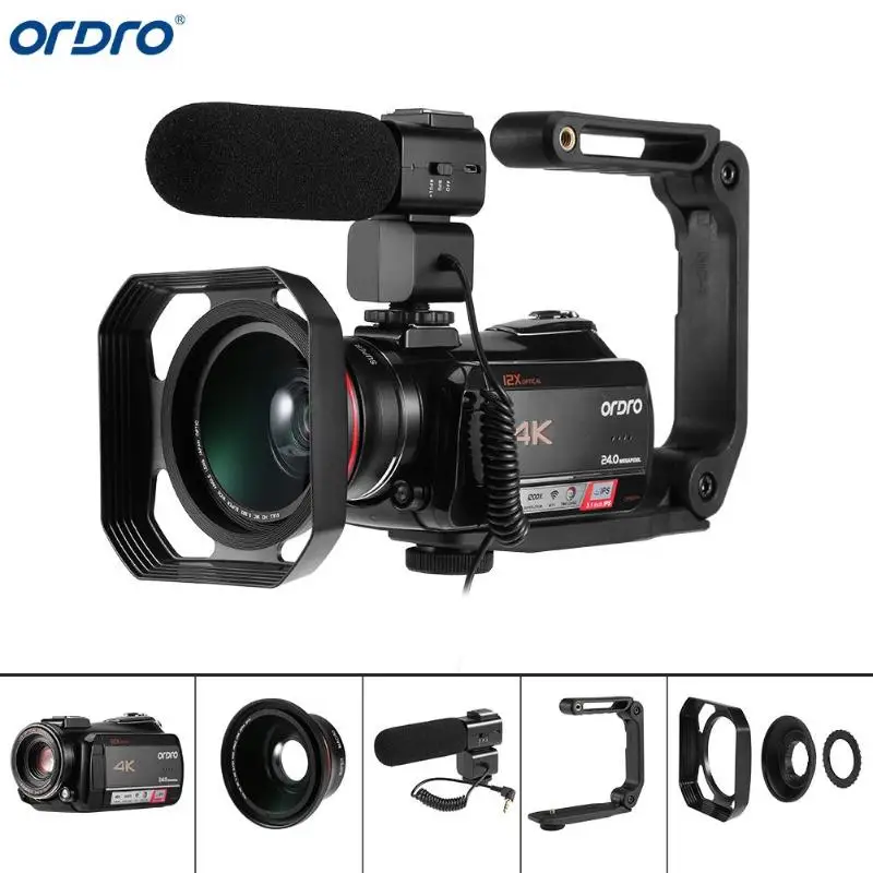 Ordro AC5 4K UHD Цифровая видеокамера FHD 24MP WiFi 12X оптический 100X цифровой зум ips сенсорный экран мини DV видеокамеры - Цвет: Bundle 3
