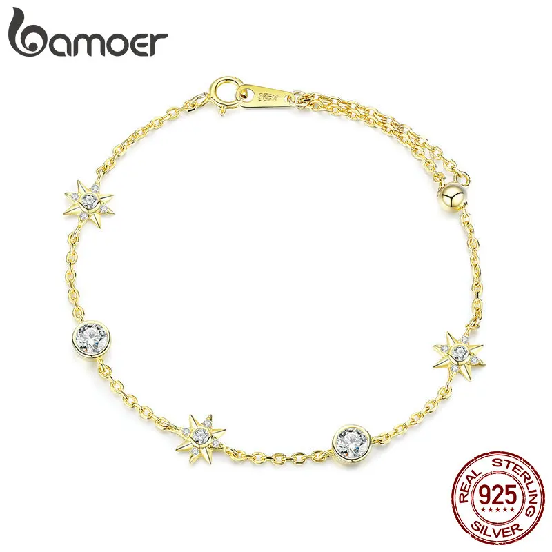 

BAMOER Authentic 925 Sterling Silver Luminous Star Gold Color Clear Cubic Zircon Chain Link Bracelets for Women Jewelry SCB122