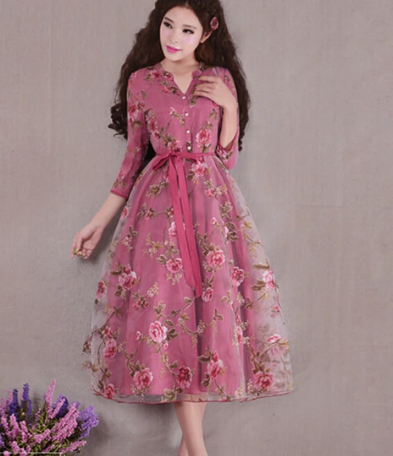 

Free Shipping High Quality Plus Size S-XXXL Thicken Sweety Flower Printed Flare Sleeve Woman Long Dress