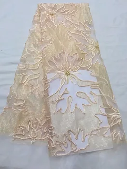

African Lace Fabric Yellow 3D Flower beads 2018 French Tulle Lace Fabric Appliqued Nigerian Net Lace For Women Wedding Dress