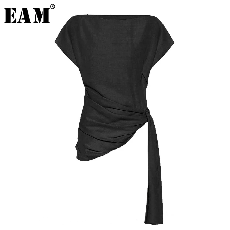 

[EAM] 2019 New Spring Summer Round Neck Sleeveless Black Irregular Split Joint Ribbon Loose Shirt Women Fashion Tide JU978