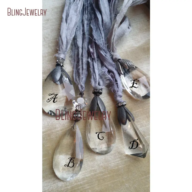 

Shaby Boho Sari Silk Ribbon Necklace Teardrop Clear Crystals Quartz Oxided Black Cap Pendant Rope Chain Necklace NM11483