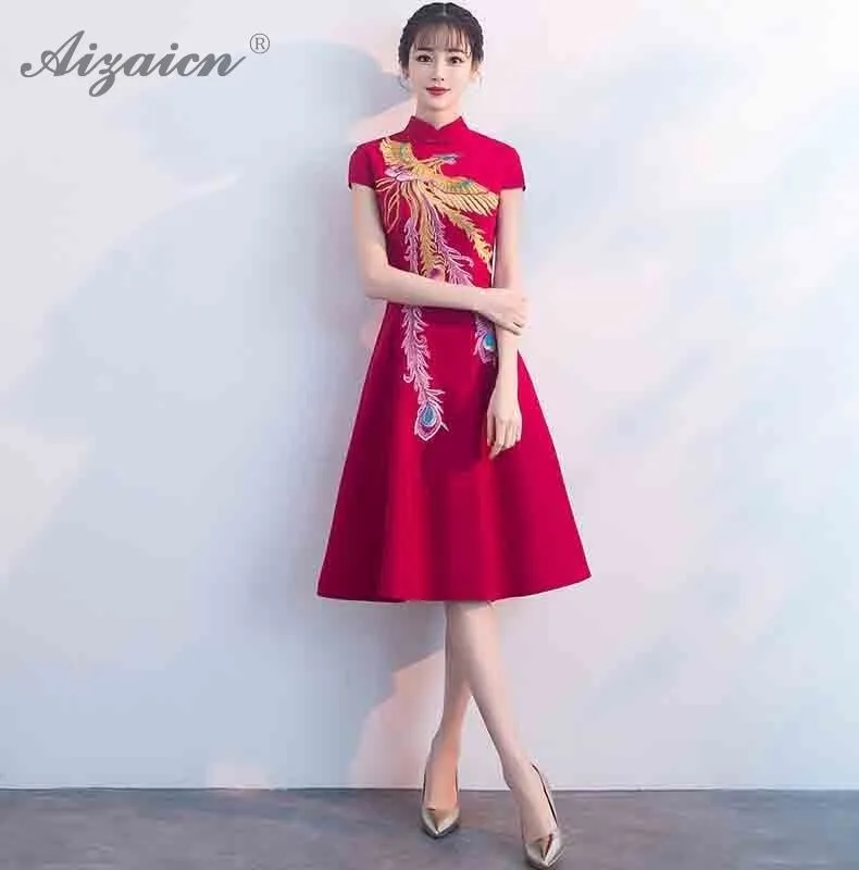 Мода 2019 Красные Длинные Cheongsam вышивка феникс Qipao платья для женщин для Китайский традиционный свадебный платье ориентированное стиль