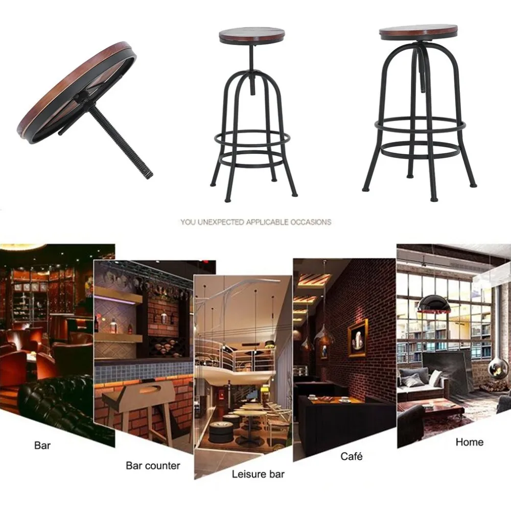 Adjustable Height Metal Vintage Bar Stool Wood Top Industrial Seat Kitchen Dining Chair Pipe Style Bar Stools Home Furniture