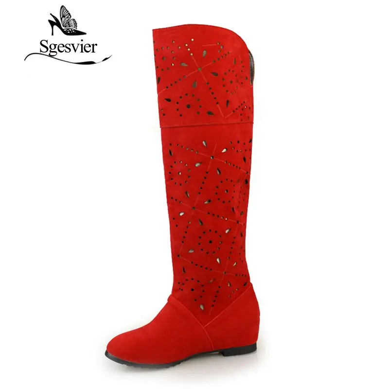 

SGESVIER cheap 2017 cutout spring and summer cool high-leg boots net cow muscle outsole knitted boots plus size4-12/35-43 A137