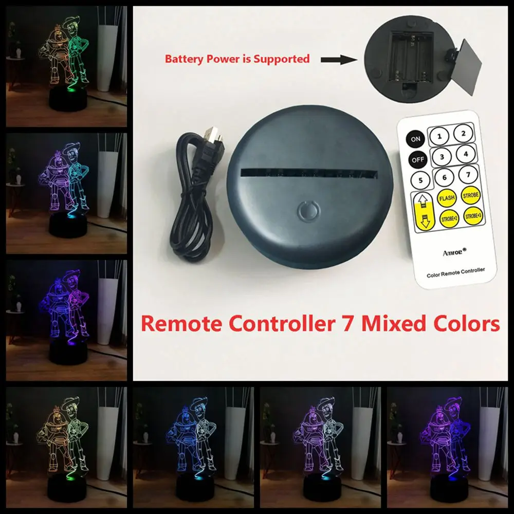 Новая история игрушек 3D иллюзия Лампа древесный Базз световой год светодиодный ночник 7 цветов Изменение вспышки детская панель кровать лампа атмосферная лампа - Испускаемый цвет: Remote One 7 Color