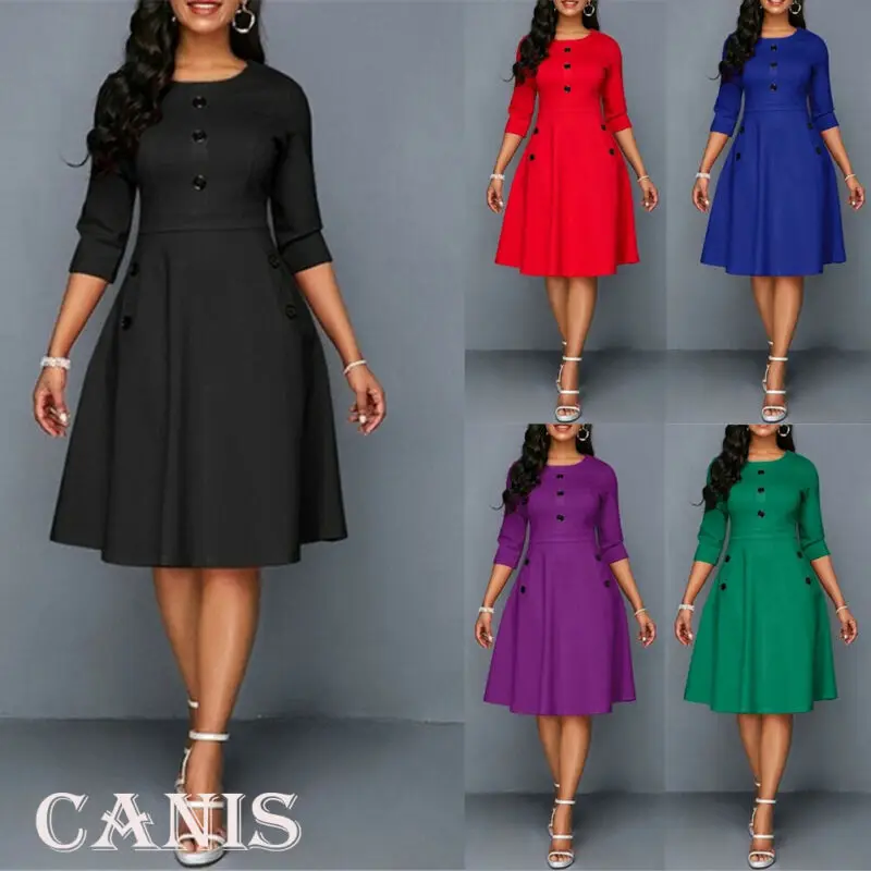 

2019 Women Retro Tunic Half Sleeved Solid Bodycon Dresses Vintage Dress Buttun A Line Solid Red Black elegant Xmas Party Dresses