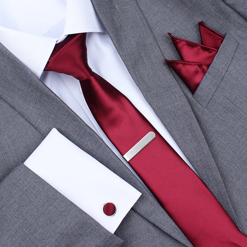 Набор галстуков и зажимов для галстука для мужчин бордовые с носовым платком мужские рубашки запонки на пуговицах в подарочной коробке