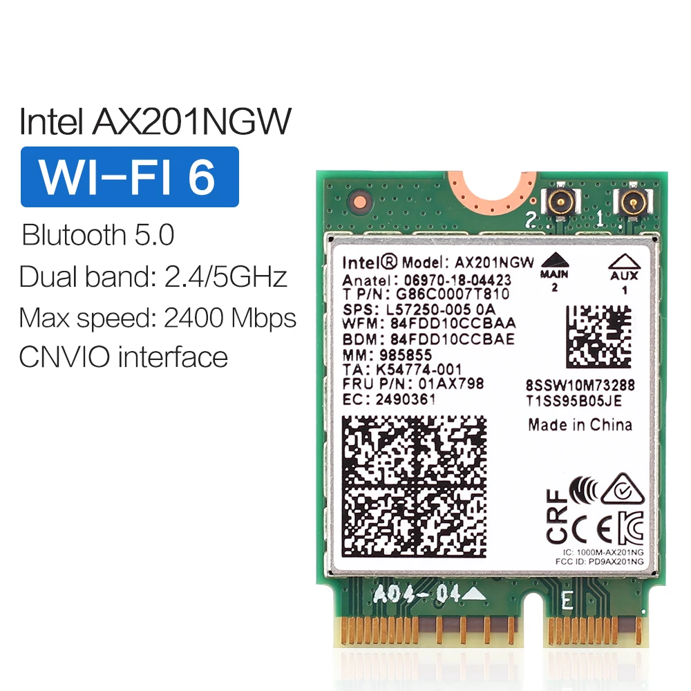 

2400Mbps Dual Band Wireless Wi-Fi WLAN Card Adapter For Wi-Fi 6 Intel AX201NGW NGFF With M.2 Key E CNVI 802.11ax BT5.0 For Win10