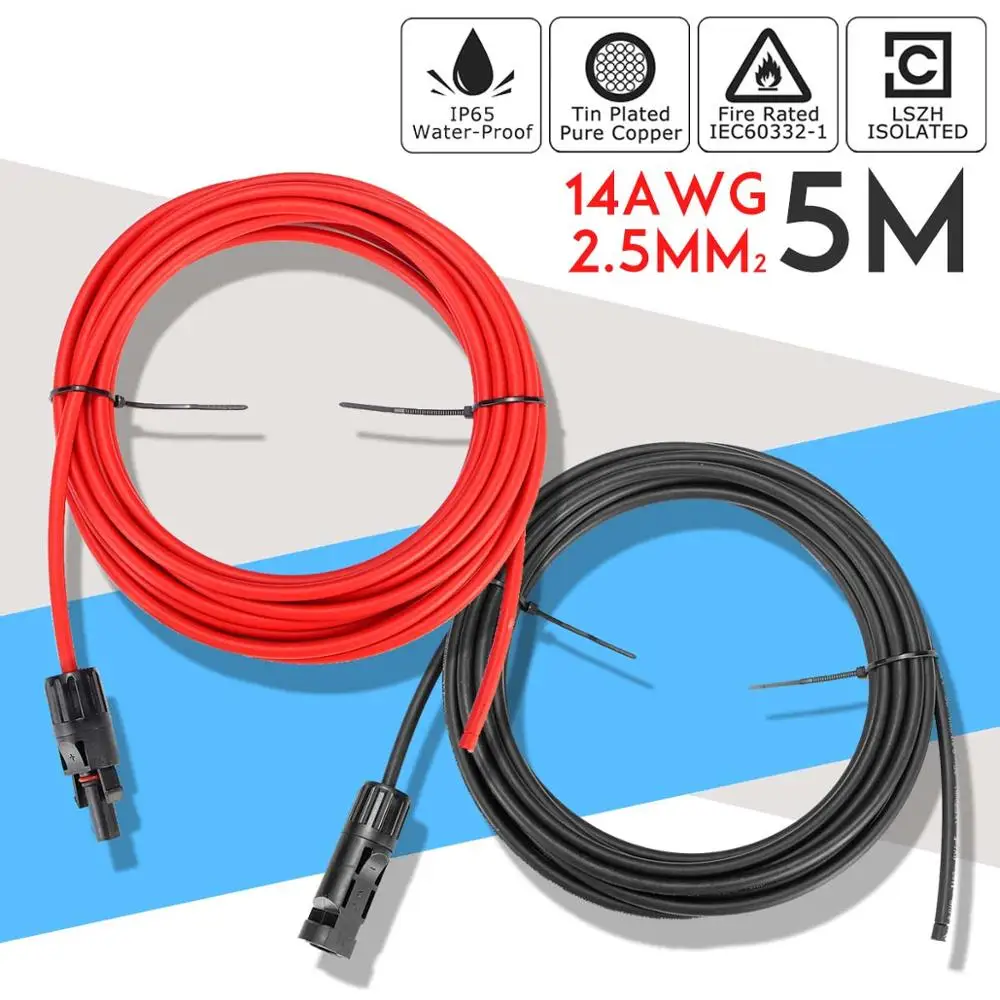 KINCO 1 пара удлинитель для панели солнечных батарей кабель медный провод черный и красный с MC4 разъем Солнечный PV кабель 2,5 мм 14 AWG - Цвет: 5m