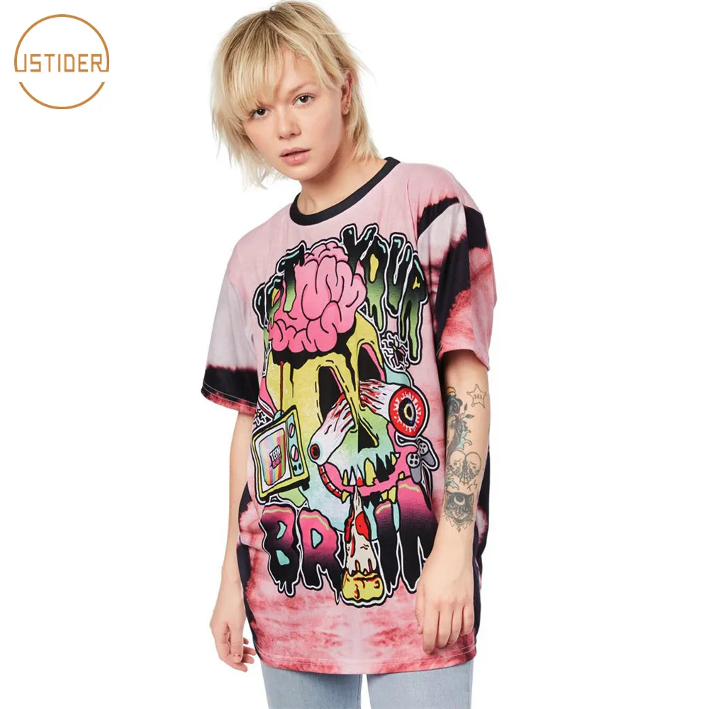 

ISTider New Hipster Teen Boys Girls T-Shirts Tie-Dyed Streetwear Rot Your Brain Letters Printed Skulls T Shirts Women Men Tops