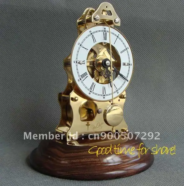 Mechanical Skeleton Movement Brass Table Clock Key Wind Solid Wood