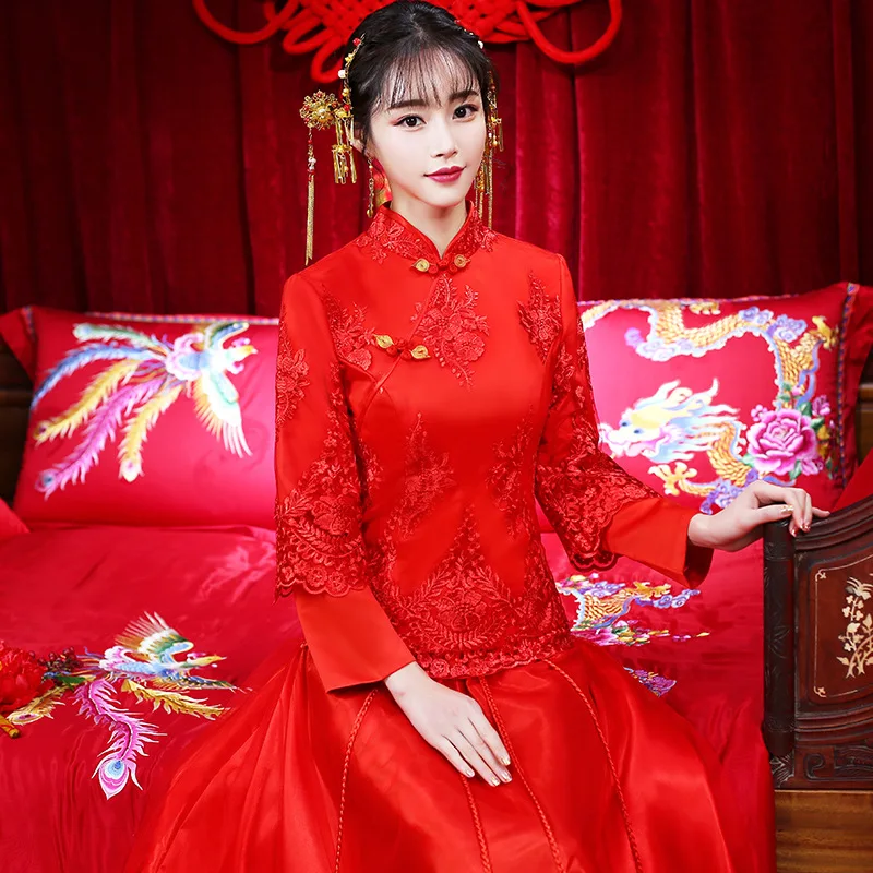 Красный китайский свадебное платье Чонсам Винтаж Стиль длинное Ципао Oriental Для женщин вышивка Вечерние платья Vestidos S-XXL
