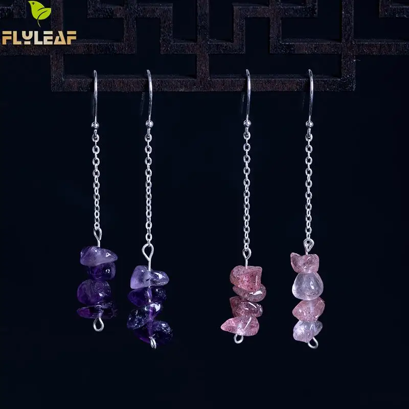 

Flyleaf Irregular Purple Crystal Long Drop Earrings For Women 100% 925 Sterling Silver Lady Ethnic Style Jewelry