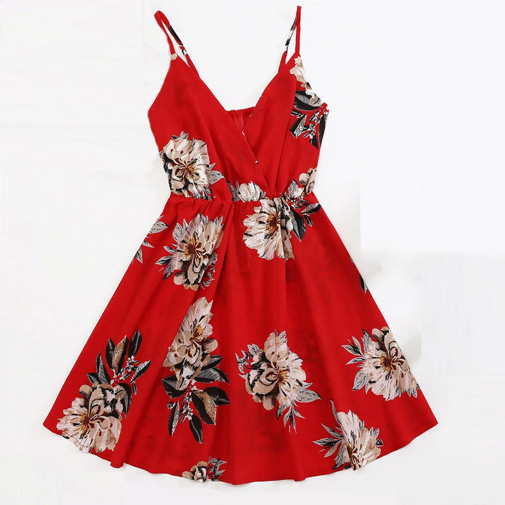 

Women's Vintage Print Sleeveless Ladies V-Neck Casual Mini Dress 2018 summer dress floral print chiffon dress sukienki letnie #3