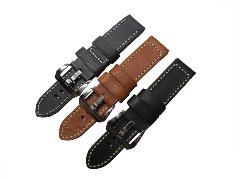 

24mm Watch band men Genuine black watchbands brown color Genuine Leather Strap with Polished Stainless Steel Pre-V Buckle