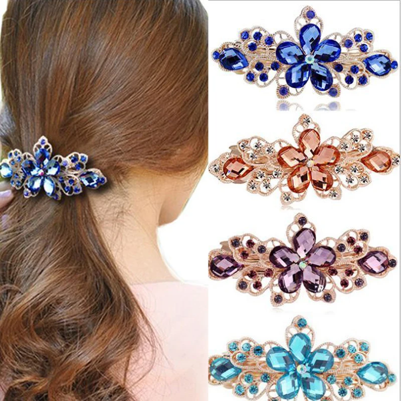 Women Fashion Crystal Rhinestone Flower Hairpin Barrette Hair Clip Accessories