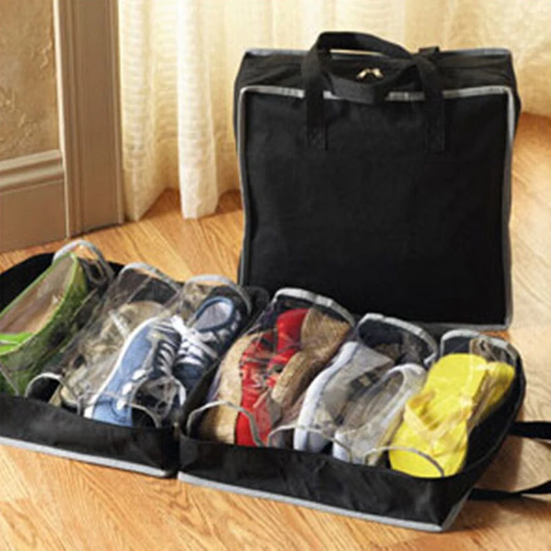 

Non-Woven Fabric 6 Grid Shoes Tote Solid Black Wine Red Travel Shoes Storage Hand Bag Large Duffle Bag Travel Bags mala viagem