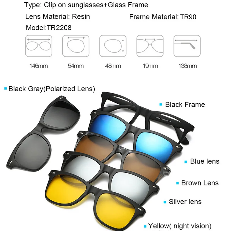 Дешево Очки по рецепту, 5 в 1, магнитные солнцезащитные очки на застежке, магнитные линзы, гибкие солнцезащитные очки