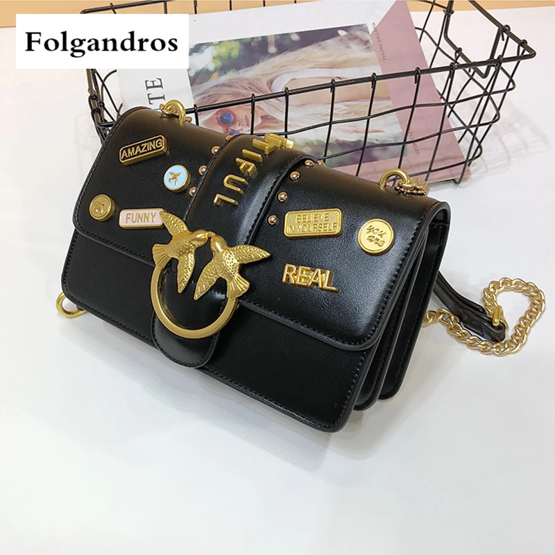 

New Women's Bag 2018 Leather Handbag Fashion Metal Chain Badge Design Shoulder Ladies Crossbody Bags Swallow Messenger Bag Louis