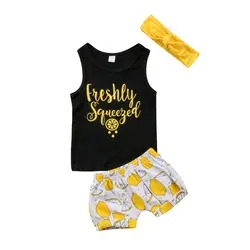 Комплект из 3-х вещей: милая детская одежда для маленьких мальчиков комплект для девочек топы без рукавов; футболка, принт с лимонами, штаны