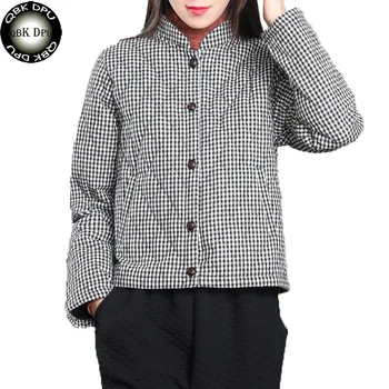 

Mom's Autumn Winter Thin Coat Women Cotton Jacket Black and White Plaid Stand Collar Parkas Warm Elegant Female Outerwear office