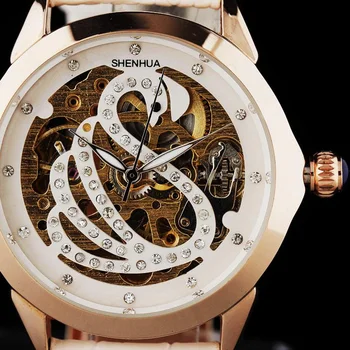 

2016 Luxury Shenhua Ladies Watch Gold Case Swan Diamond Skeleton Leather Strap Automatic Self-Wind Mechanical Women Wristwatch