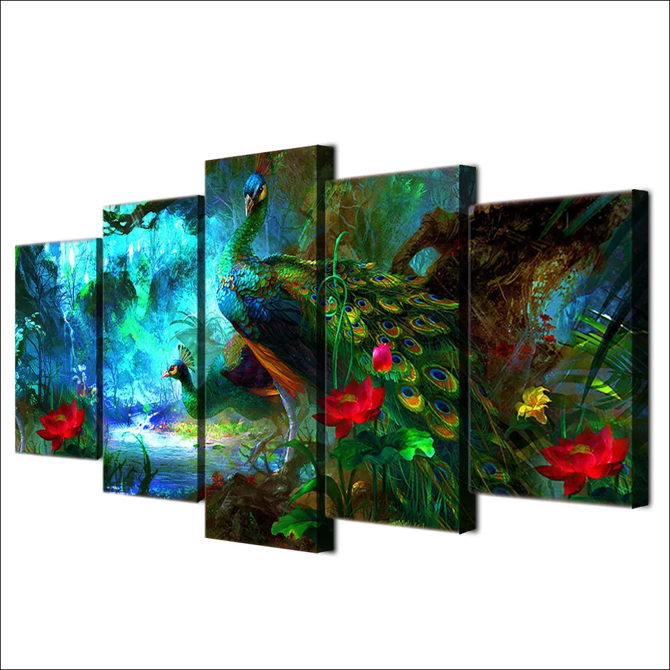 Canvas Wall Art Pictures Frame Home Decor Living Room 5 Pieces Beautiful Blue Peacock Painting HD Printed Animal Poster 