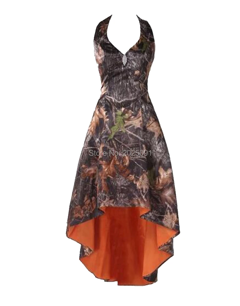 Reálný obraz Módní Camouflage družičky šaty Plus velikost Halter Off rameno Vysoká Low Camo Short Prom Party Dress