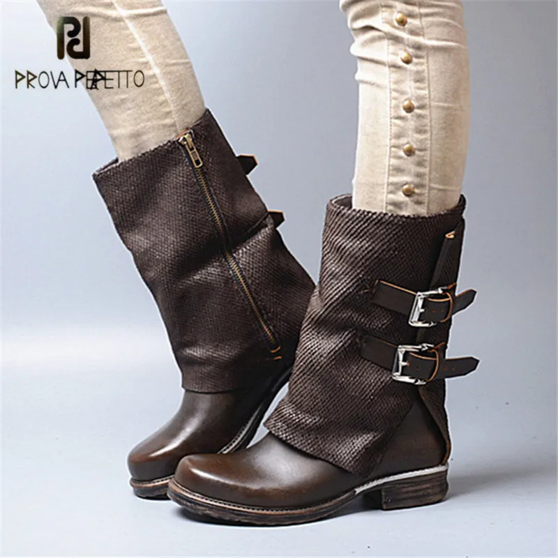 

Prova Perfetto Brown Women High Boots Genuine Leather Autumn Winter Straps Flat Boots Female Platform Rubber Botas Mujer