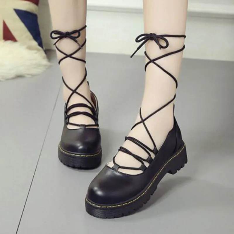 

Women Students Fashion Thicken Bottom Breathable Soft Bottom Leather Shoes Flats,Round Toe Cross-tied England Style Leather Shoe