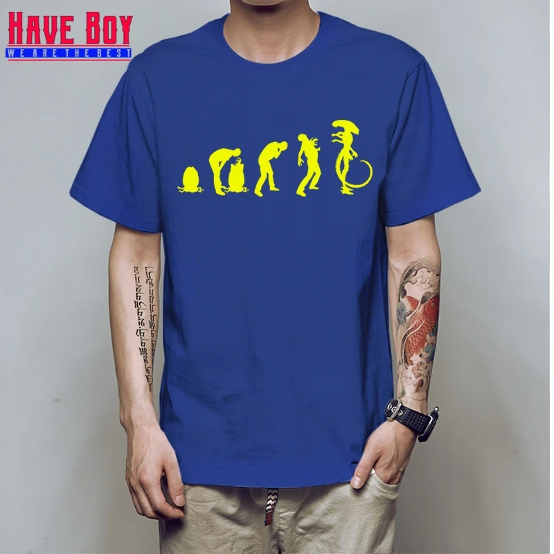 У мальчика для мужчин Эволюция инопланетянина Футболка Лето Прохладный печатных короткий рукав хлопок Эволюция футболки для мужчин HB317 - Цвет: blue yellow