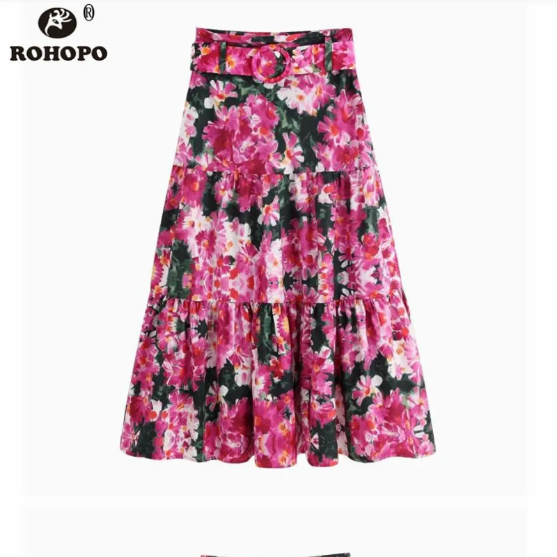 ROHOPO многослойная юбка с цветочным принтом, плиссированная юбка с высокой талией и поясом, винтажная Женская юбка миди с принтом аккордеона - Цвет: new