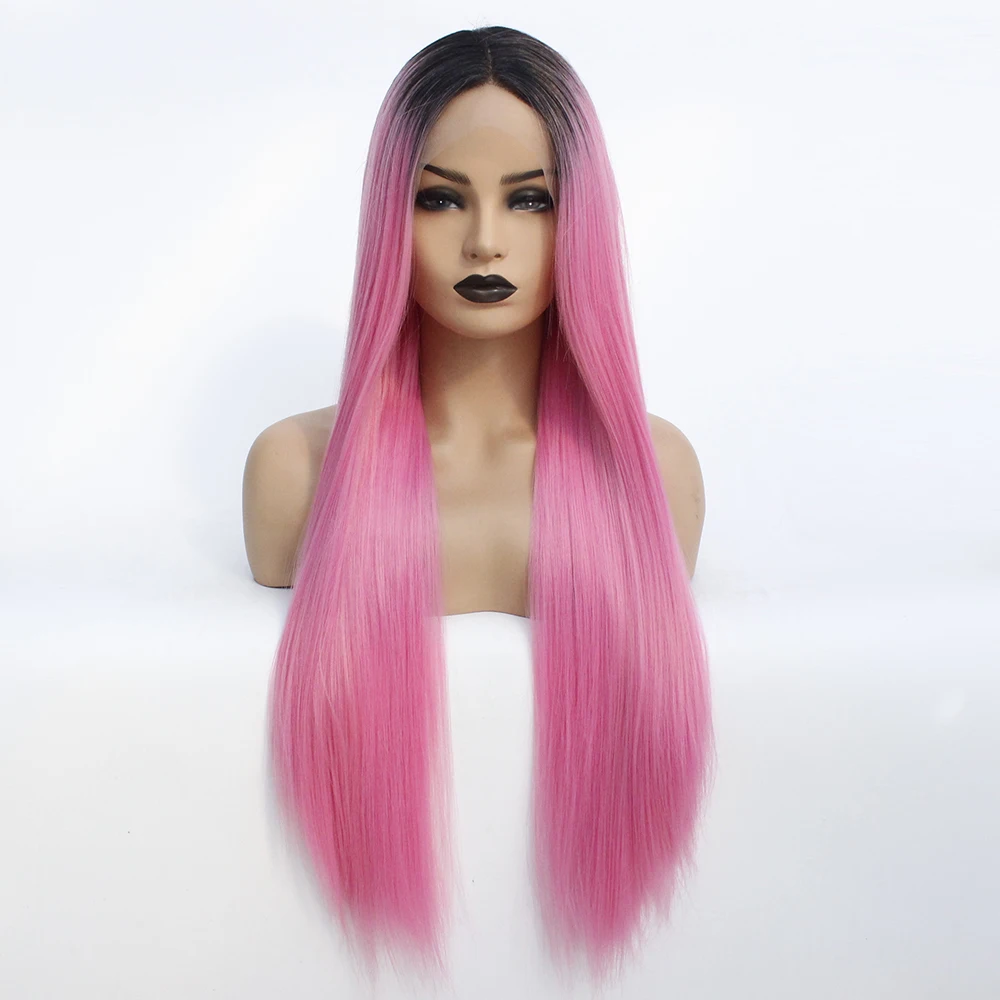 V'nice Ombre Pink Synthetic Wig Front Lace Long Silky Straight Glueless