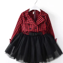 Красное платье в клетку для маленьких девочек; осень г.; повседневные сетчатые праздничные платья принцессы с длинными рукавами для торжеств
