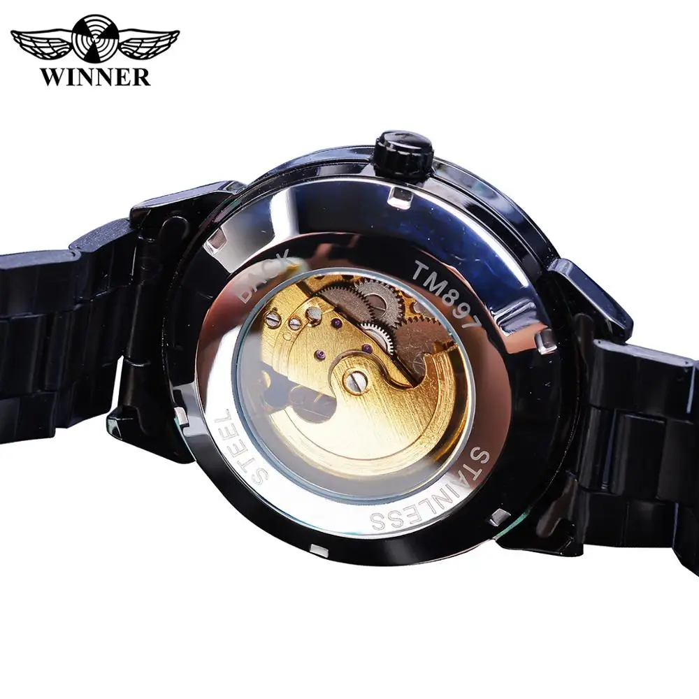 Tanie Zwycięzca 2019 zegarek męski automatyczny mechaniczny Luminous ręcznie szkielet biznes czarny pasek ze stali nierdzewnej zegarki Relogio Masculino