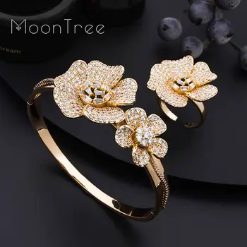 

MoonTree Luxury Daisy Flower Super Full Micro Paved Cubic Zircon Bangle Ring Set Nigerian Jewelry Set For Women